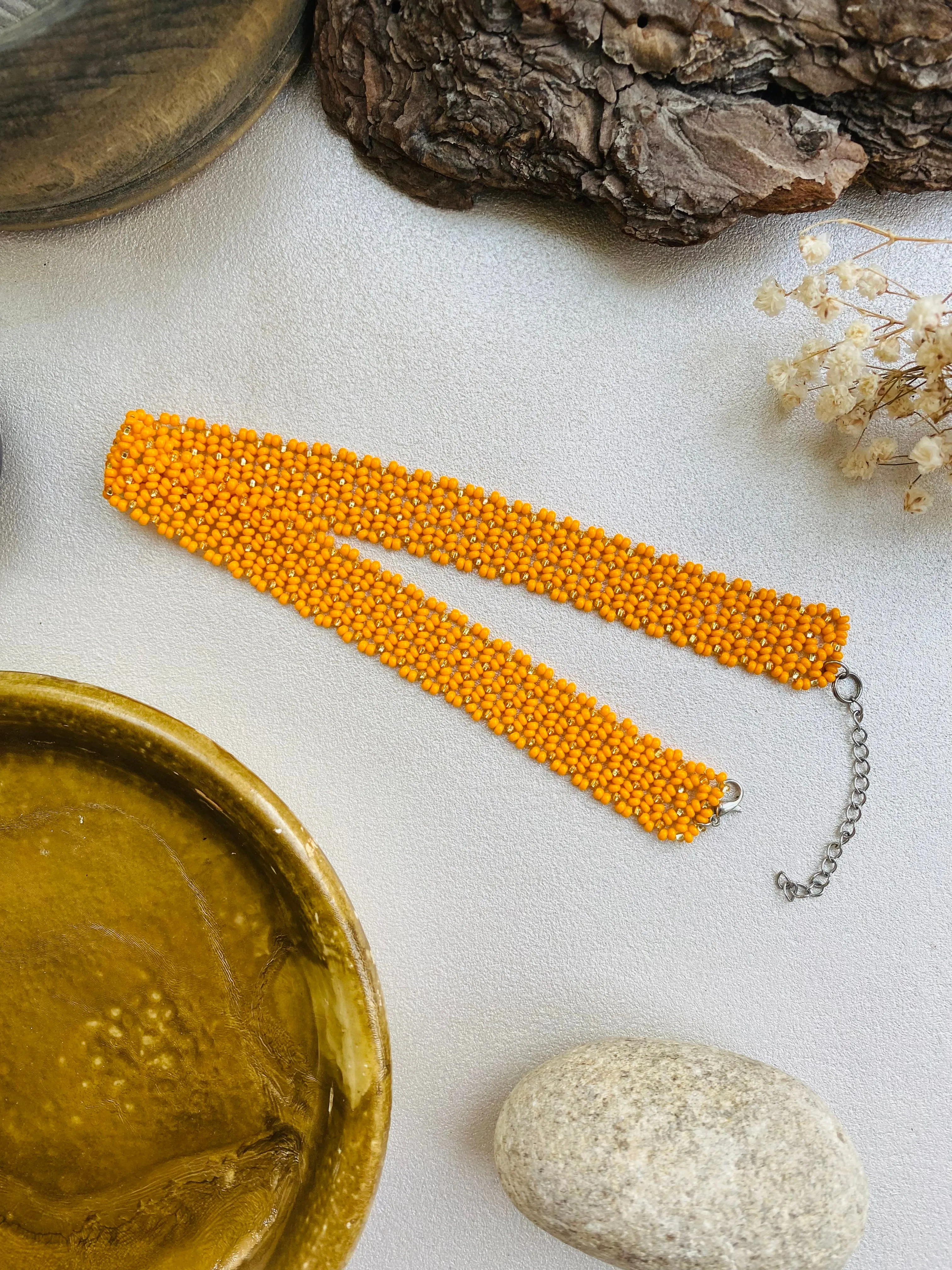 Orange Gold Seed Bead Wide Choker Collar, Unique Choker, Shiny Choker Necklace, Statement Thick Choker, Lace Choker, Boho Bohemian Choker