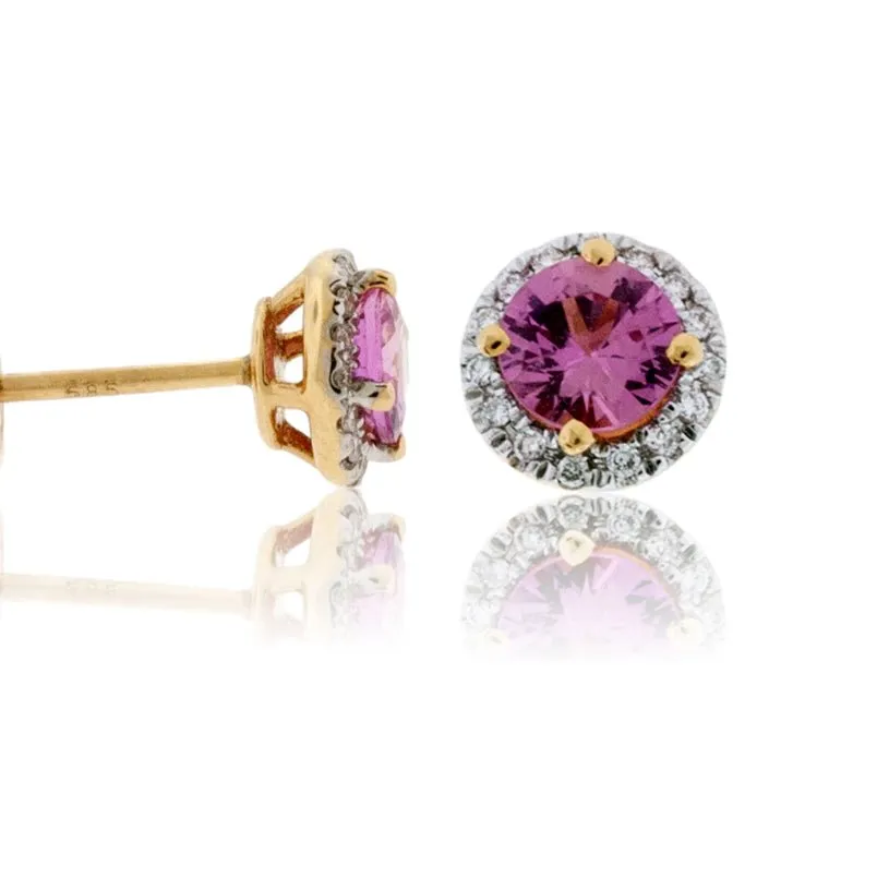 Pink Sapphire with Diamond Halo Stud Earrings