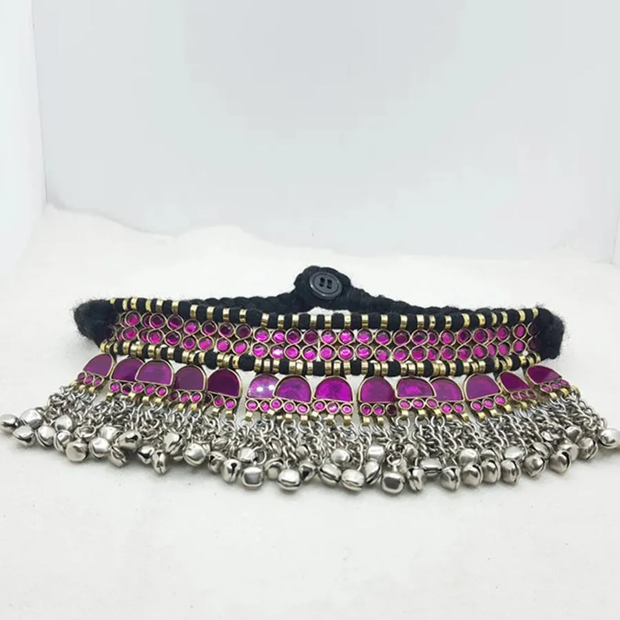 Purple Turkmen Choker With Glass Stones And Bells