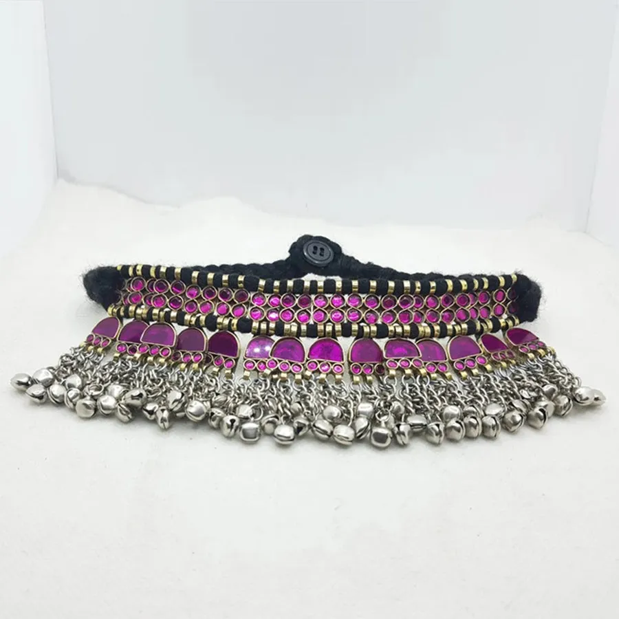 Purple Turkmen Choker With Glass Stones And Bells