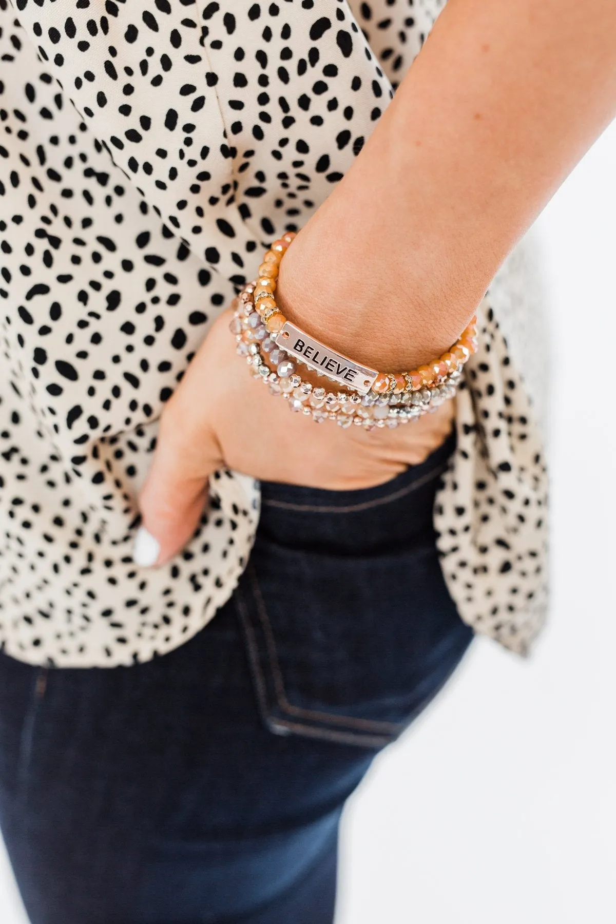 "Believe" Stackable Beaded Bracelet Set- Rose Gold