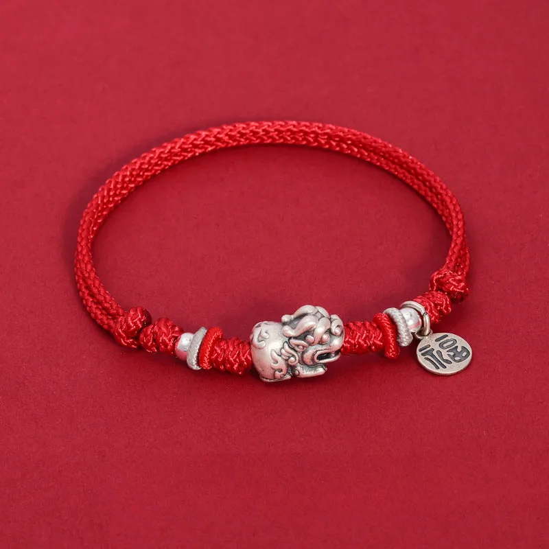 Retro Pixiu Sterling Silver Bracelet with Red Rope - Handcrafted Fortune's Favor Collection