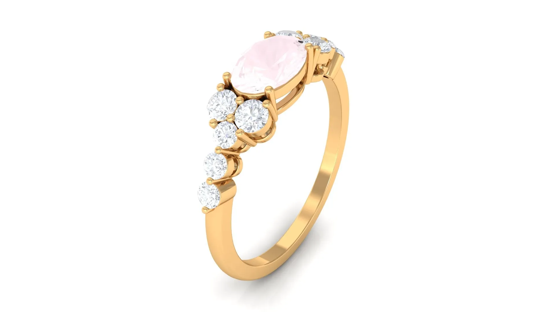 Rose Quartz Solitaire East West Ring with Diamond Side Stones