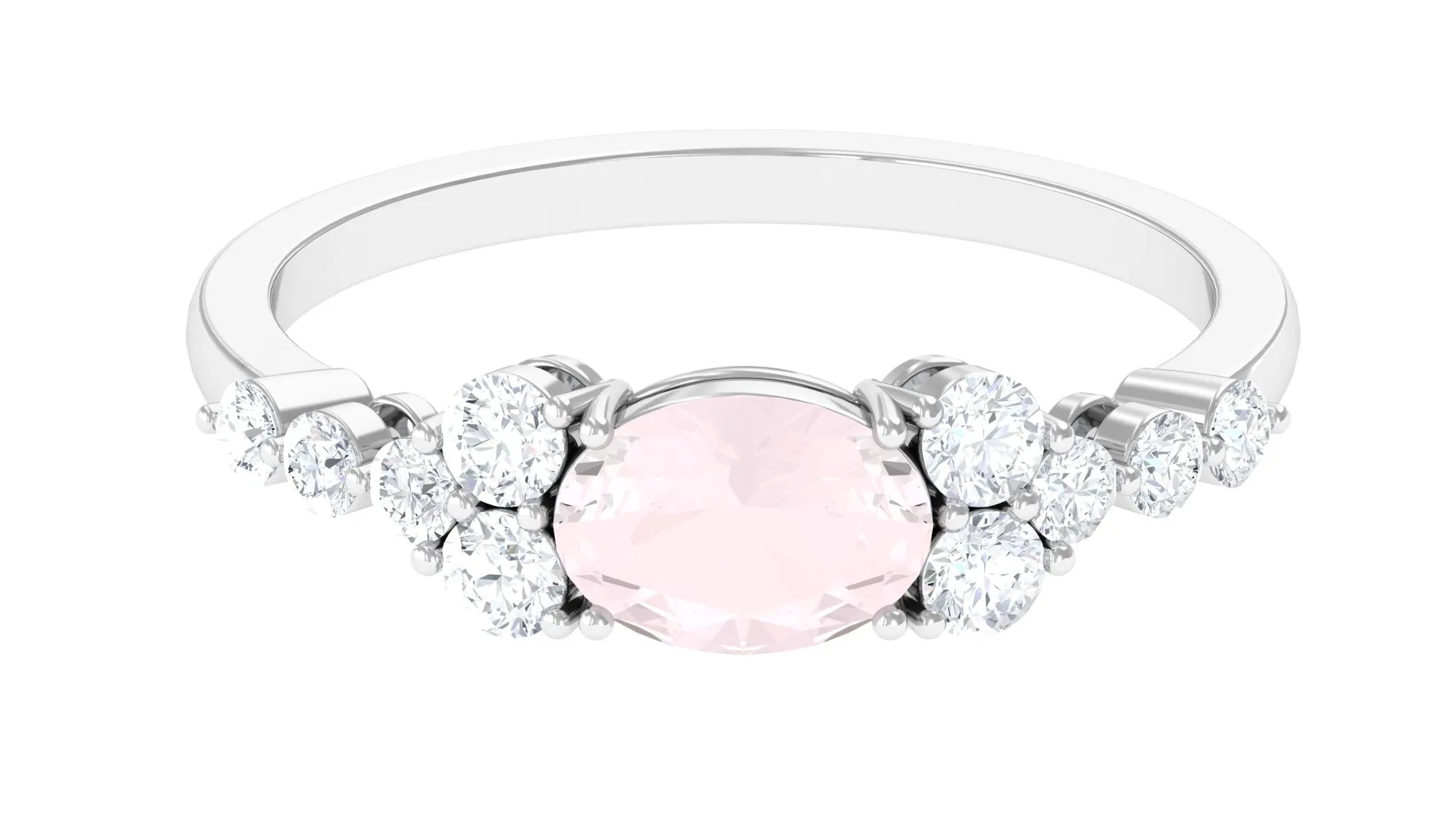 Rose Quartz Solitaire East West Ring with Diamond Side Stones