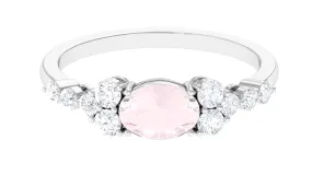 Rose Quartz Solitaire East West Ring with Diamond Side Stones