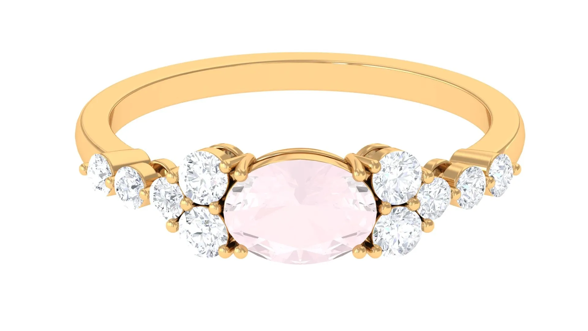 Rose Quartz Solitaire East West Ring with Diamond Side Stones