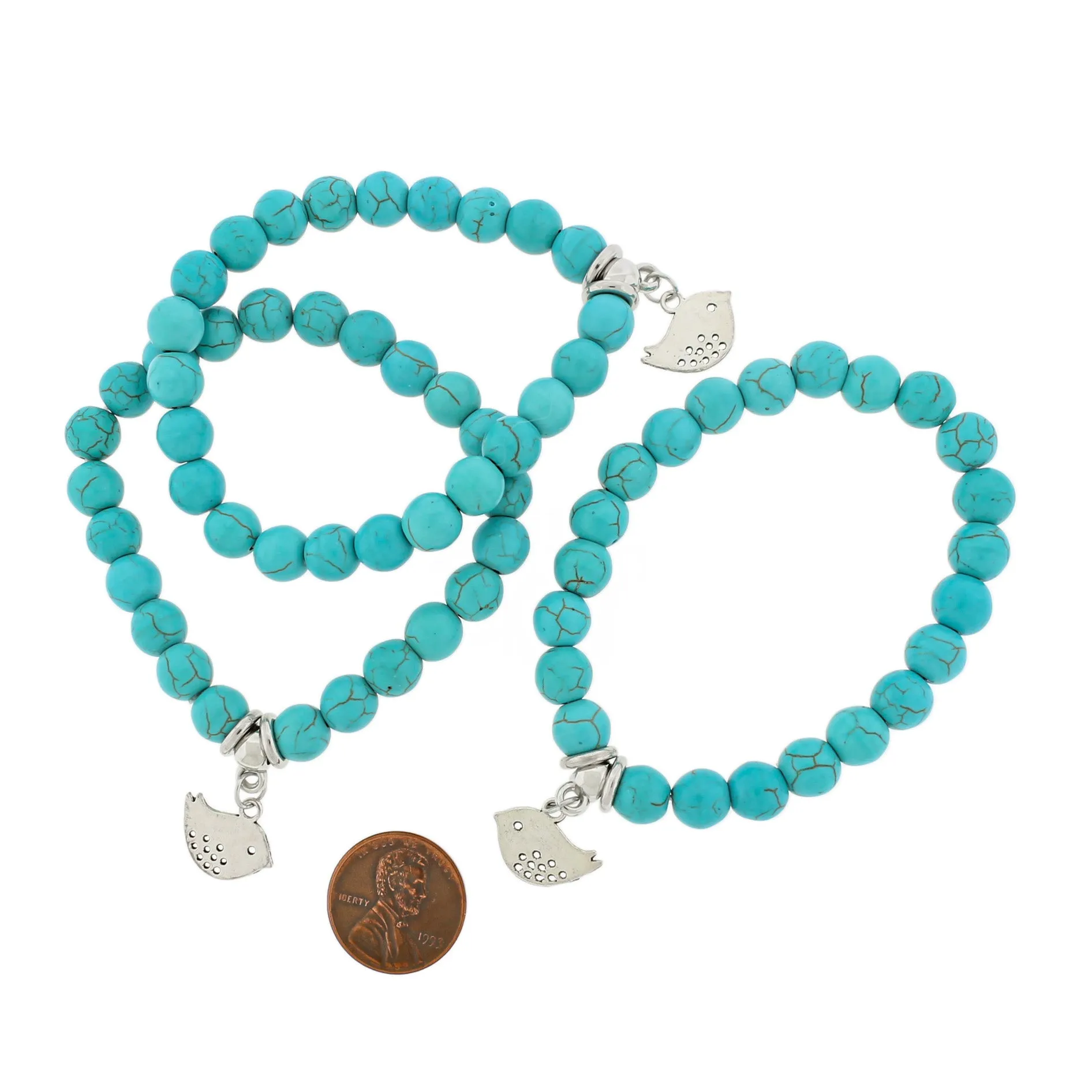 Round Blue Howlite Bead Bracelet 50mm - Turquoise with Charm - 1 Bracelet - BB222