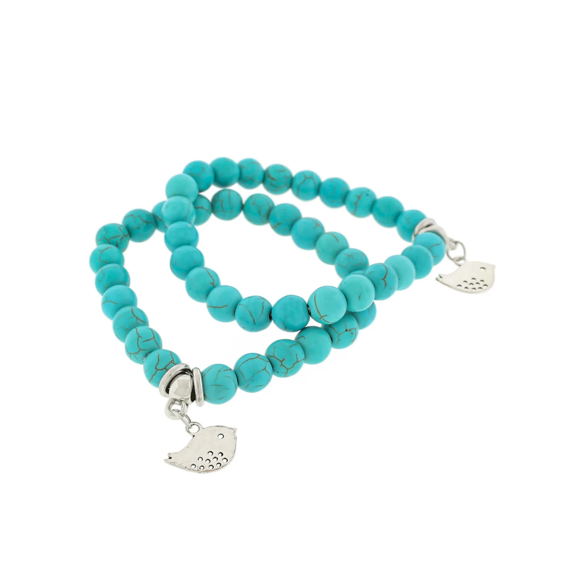 Round Blue Howlite Bead Bracelet 50mm - Turquoise with Charm - 1 Bracelet - BB222