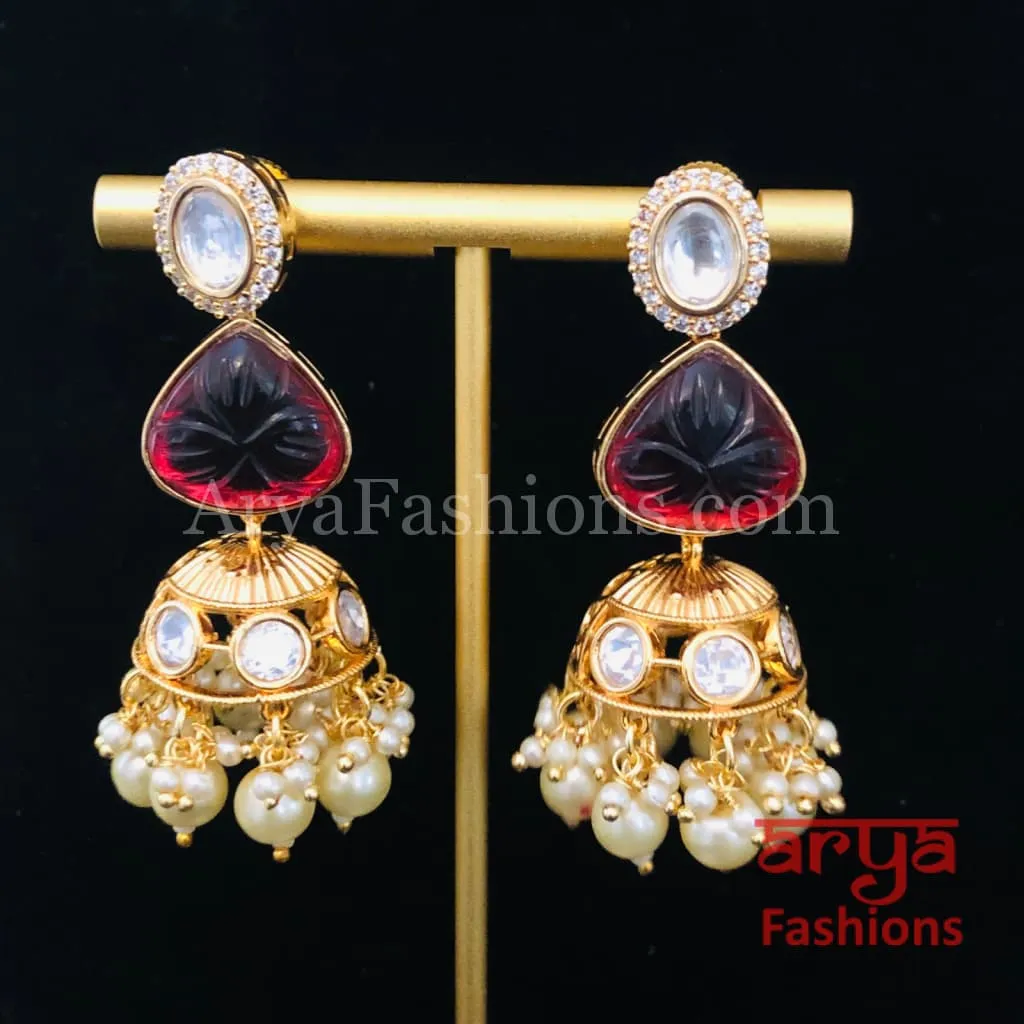 Ruby Pacchi Kundan Jhumka Earrings/ Emerald Green Kundan Earrings