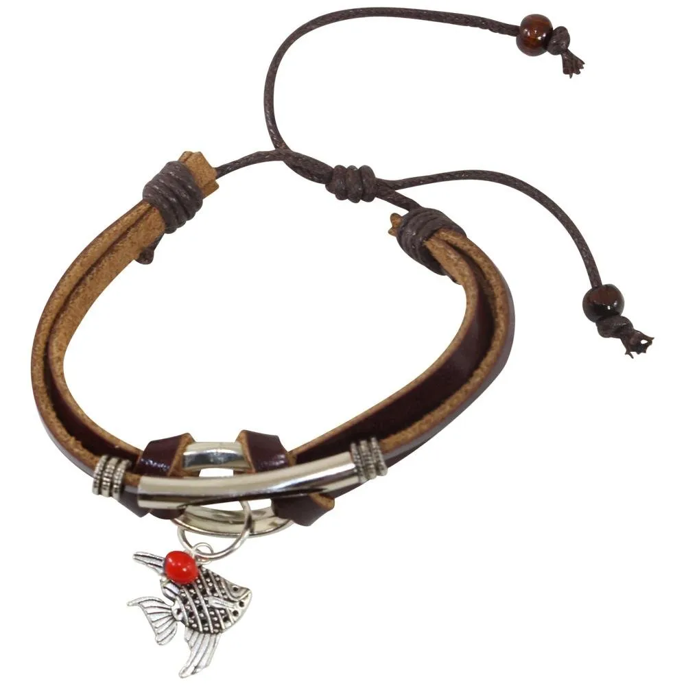 Sea Life Charm Adjustable Leather Bracelet for Women w/Huayruro Seed