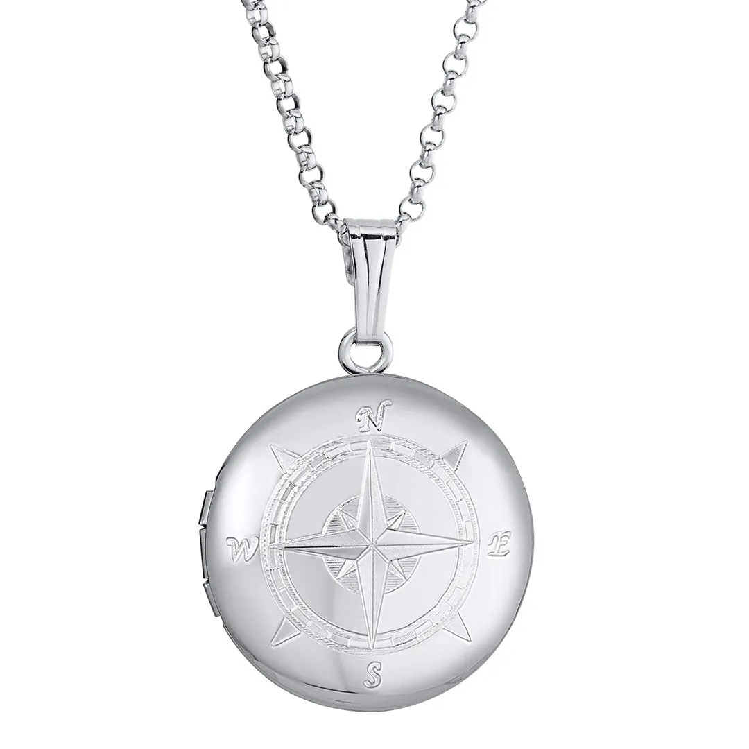 Sterling Silver 19mm Round Compass Locket Necklace