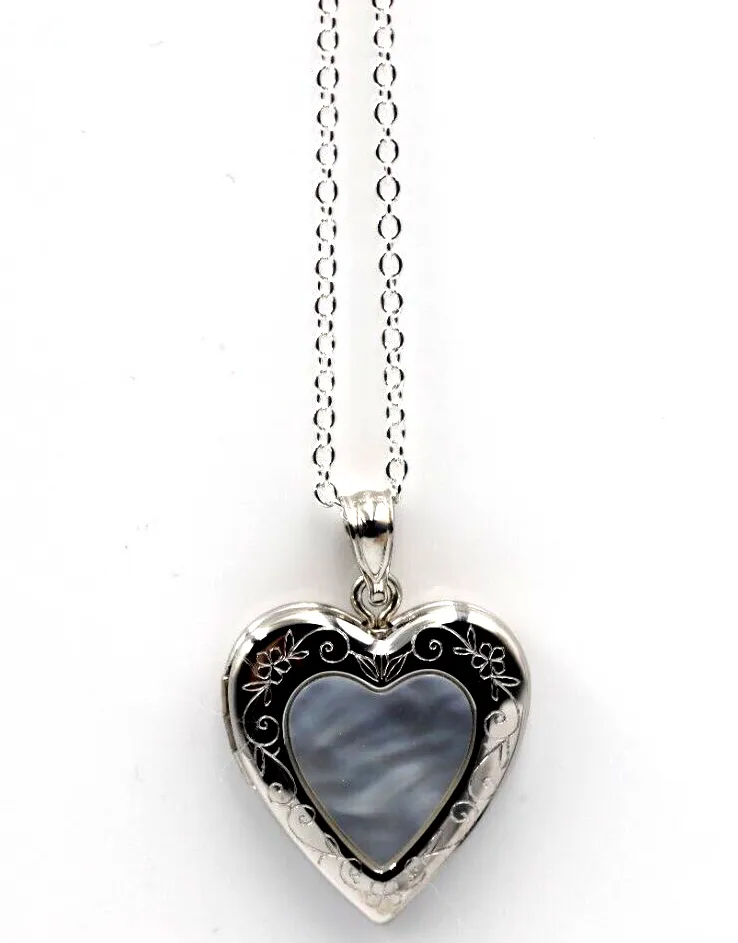 Sterling Silver Mother of Pearl Heart Pendant Locket for 2 pictures   Necklace