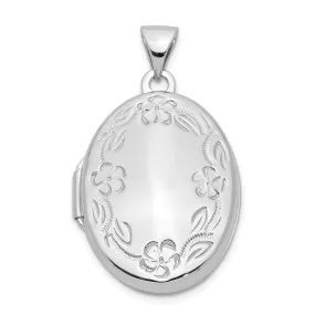 Sterling Silver Rhodium-plated Floral Design Oval Locket