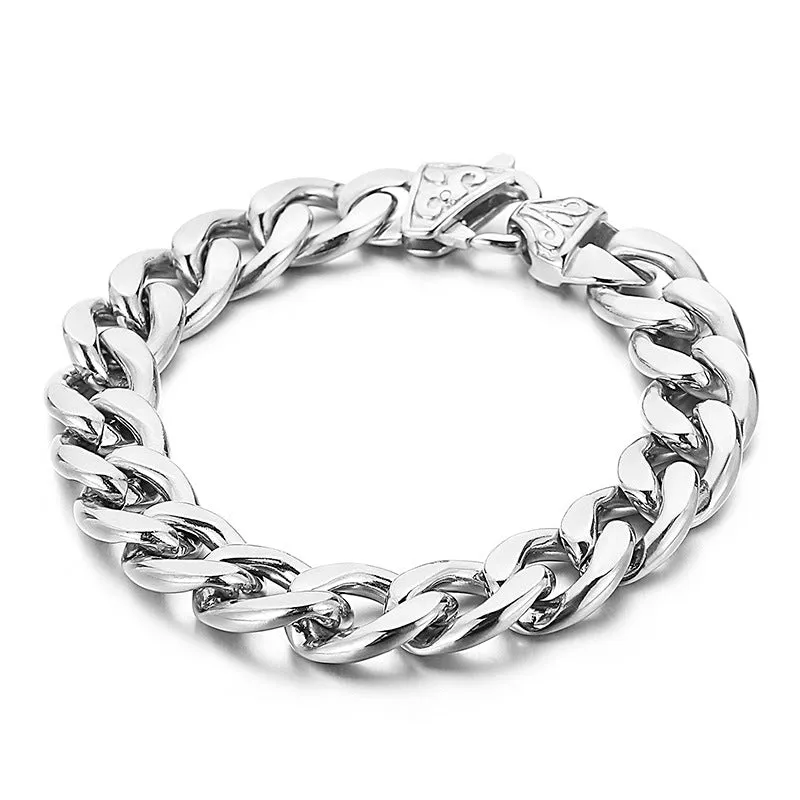 Stylish Men's Titanium Steel Chain Bracelet and Necklace with Unique Flat Flower Buckle Design