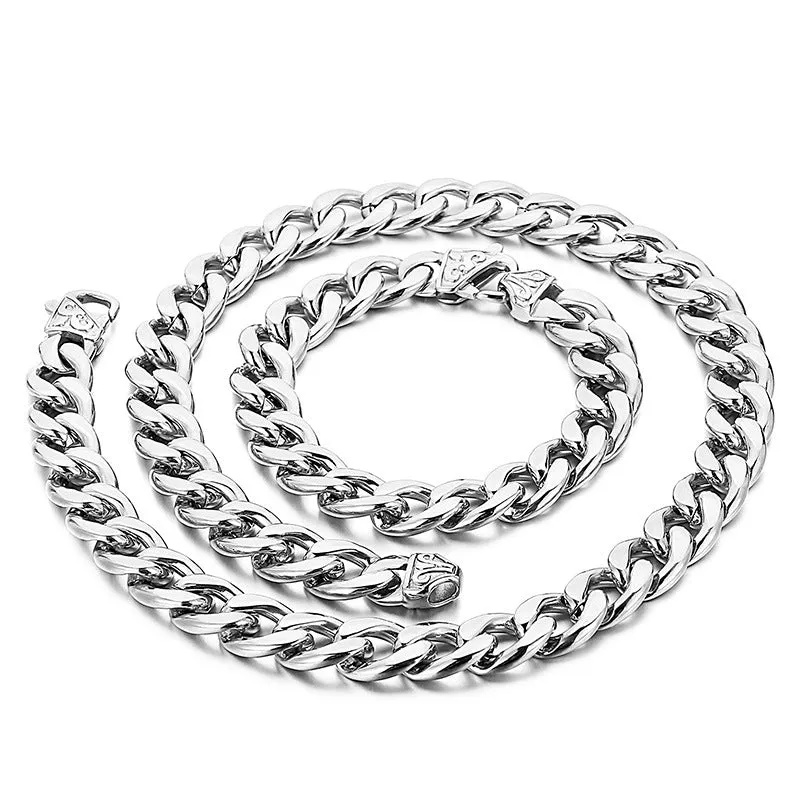 Stylish Men's Titanium Steel Chain Bracelet and Necklace with Unique Flat Flower Buckle Design