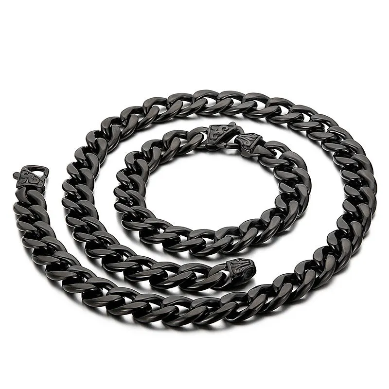 Stylish Men's Titanium Steel Chain Bracelet and Necklace with Unique Flat Flower Buckle Design