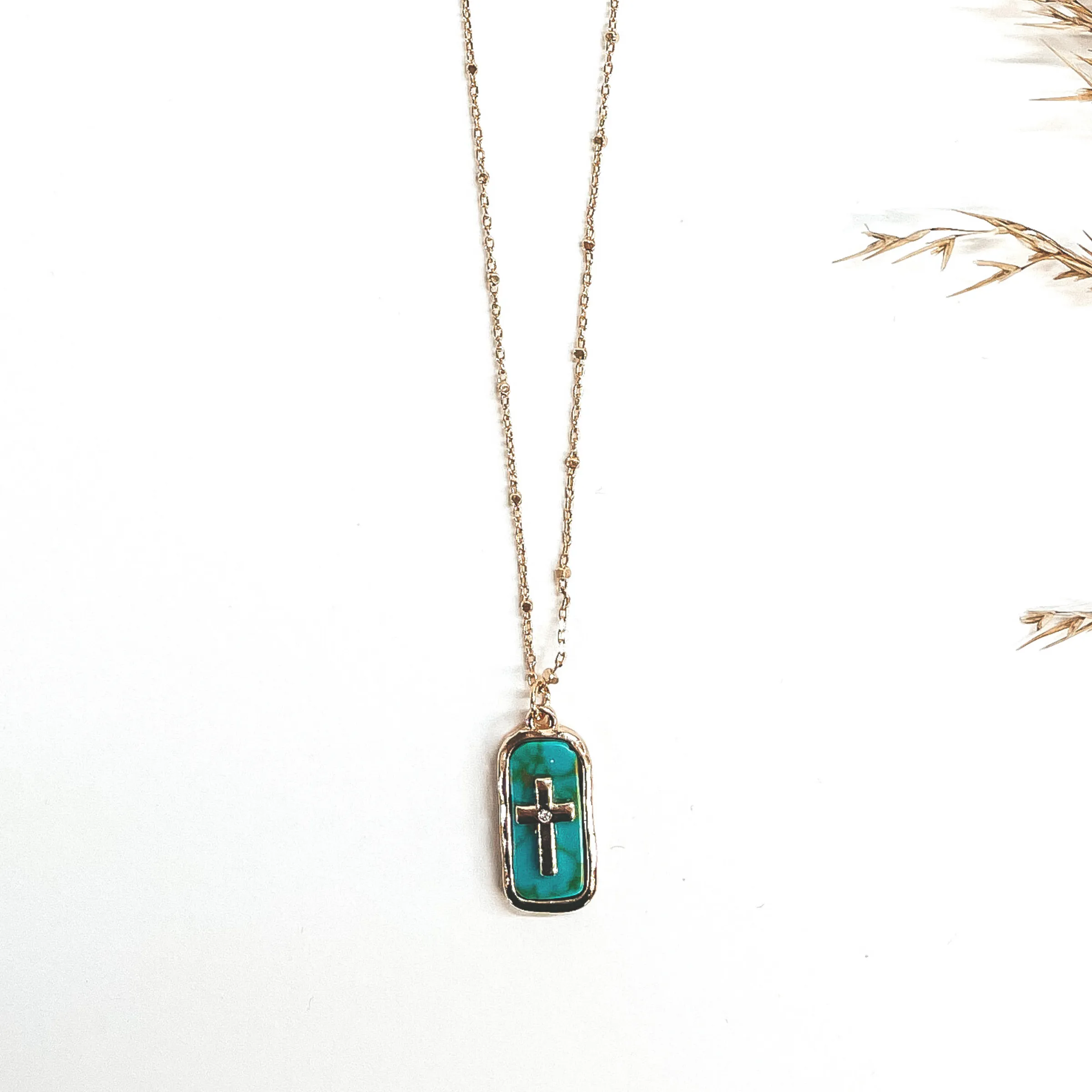 Sunday Soul Gold Tone Chain Necklace with Gold Tone Cross and Semi-Precious Rectangular Stone Pendant in Turquoise