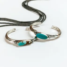 Tahe | Navajo Handmade Sterling Silver Cuff Bracelet with Center Turquoise Stone