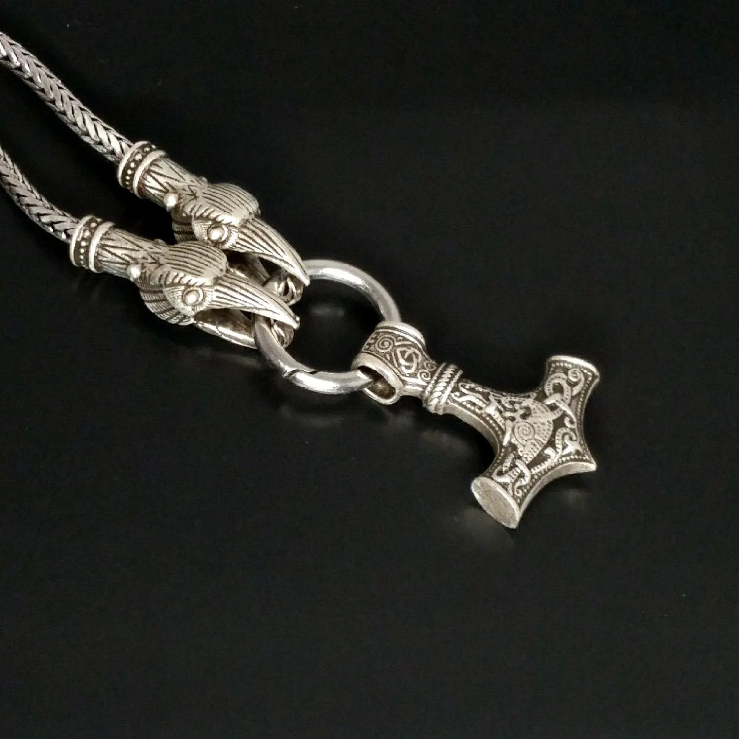 Thor's Hammer Necklace Silver Raven Viking Norse