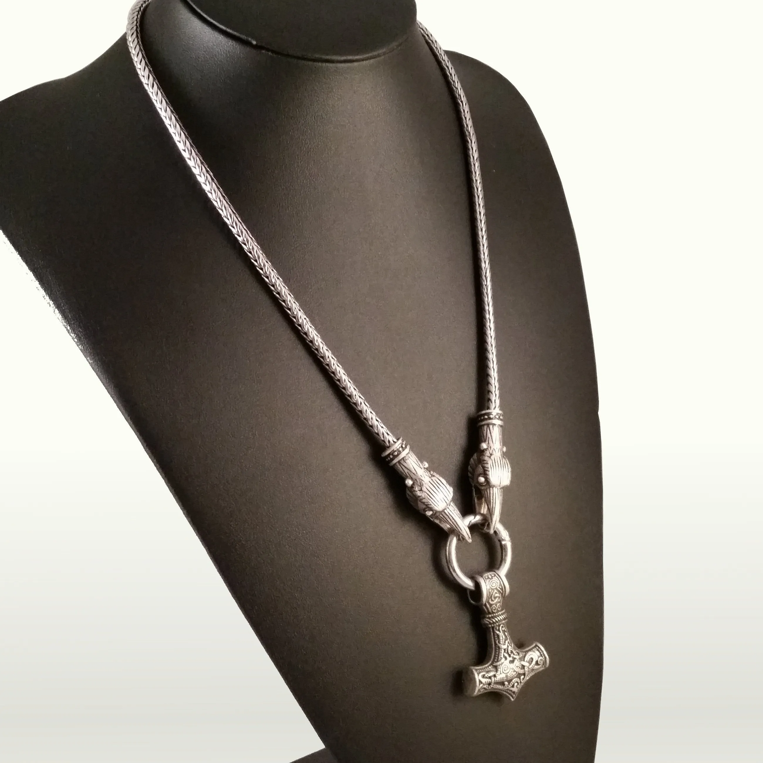 Thor's Hammer Necklace Silver Raven Viking Norse