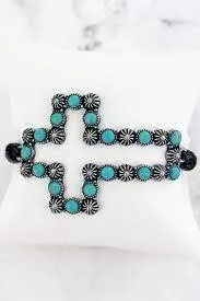 Turquoise and Silvertone Avra Cross Cord Bracelet