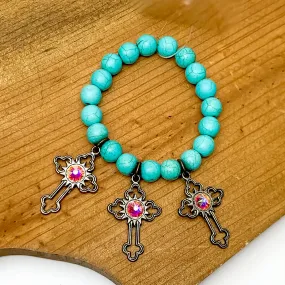 Turquoise Blue Beaded Bracelet with Silver Tone Cross Charms