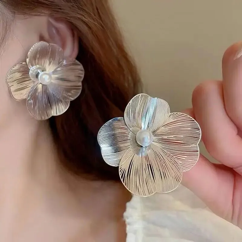 Unique Metal Flower Statement Earrings