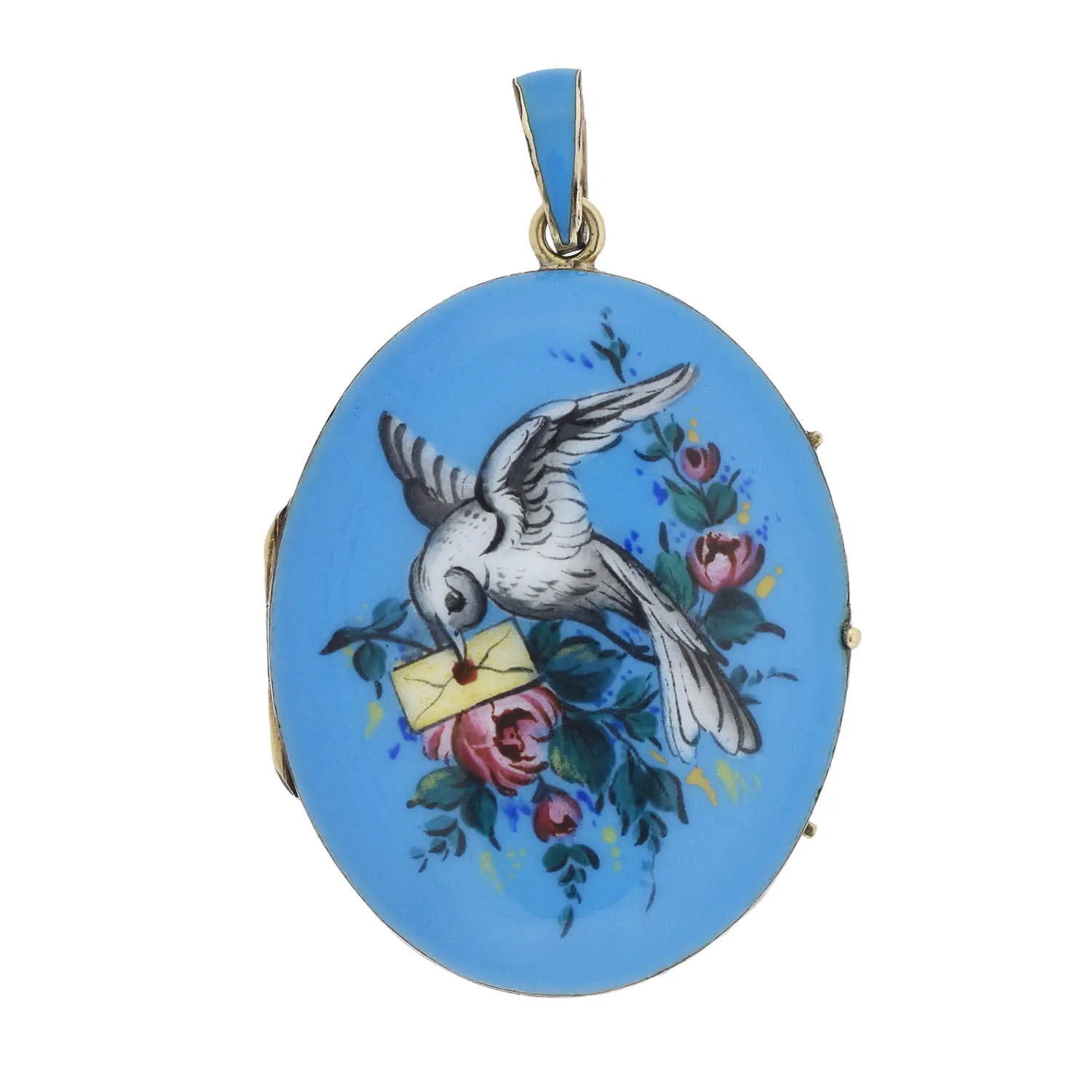 Victorian 14kt Hand Painted Enameled "Bird   Love Letter" Locket