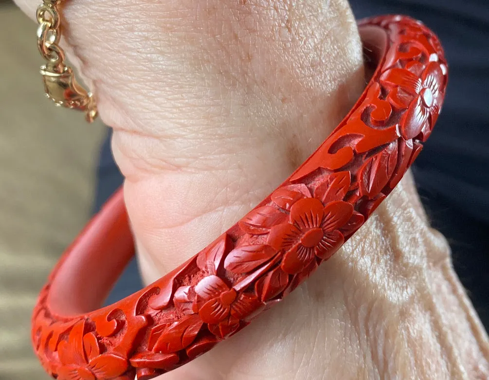 Vintage Antique 1920s Chinese Floral Carved Cinnabar Bangle Bracelet