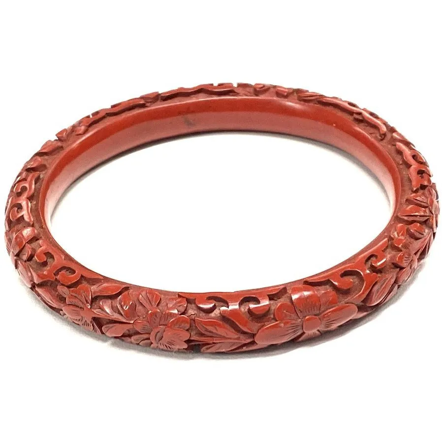 Vintage Antique 1920s Chinese Floral Carved Cinnabar Bangle Bracelet