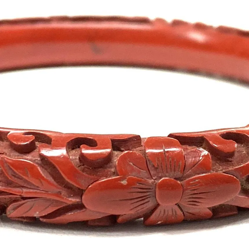 Vintage Antique 1920s Chinese Floral Carved Cinnabar Bangle Bracelet