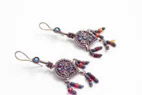 Vintage Long Silver Afghan Earrings with Turquoise and Red Beads