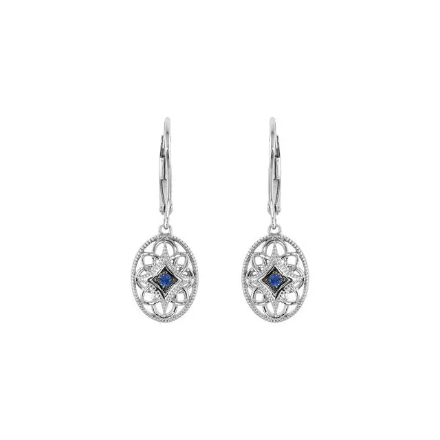 Vintage Style Sterling Silver Lever Back Blue Sapphire Earrings