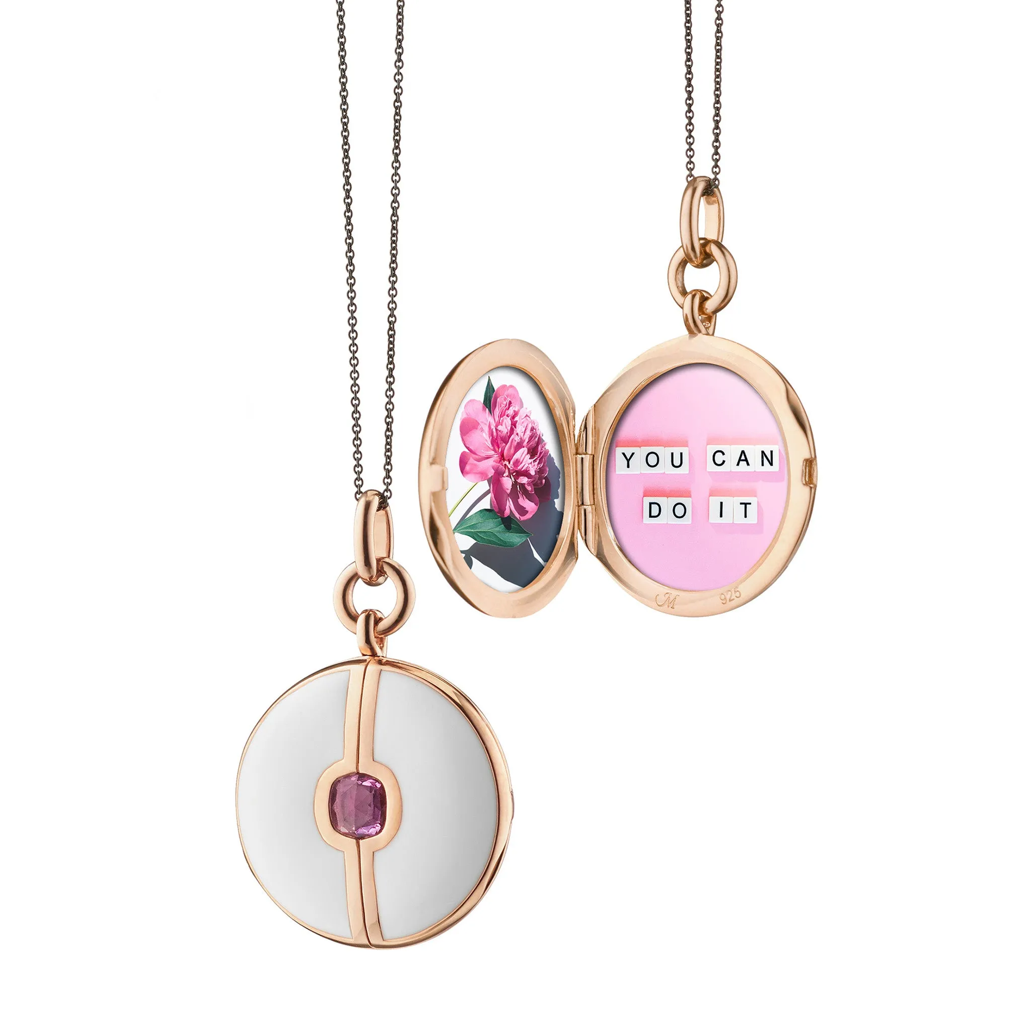 White Enamel and Vermeil Round Locket with Pink Sapphire