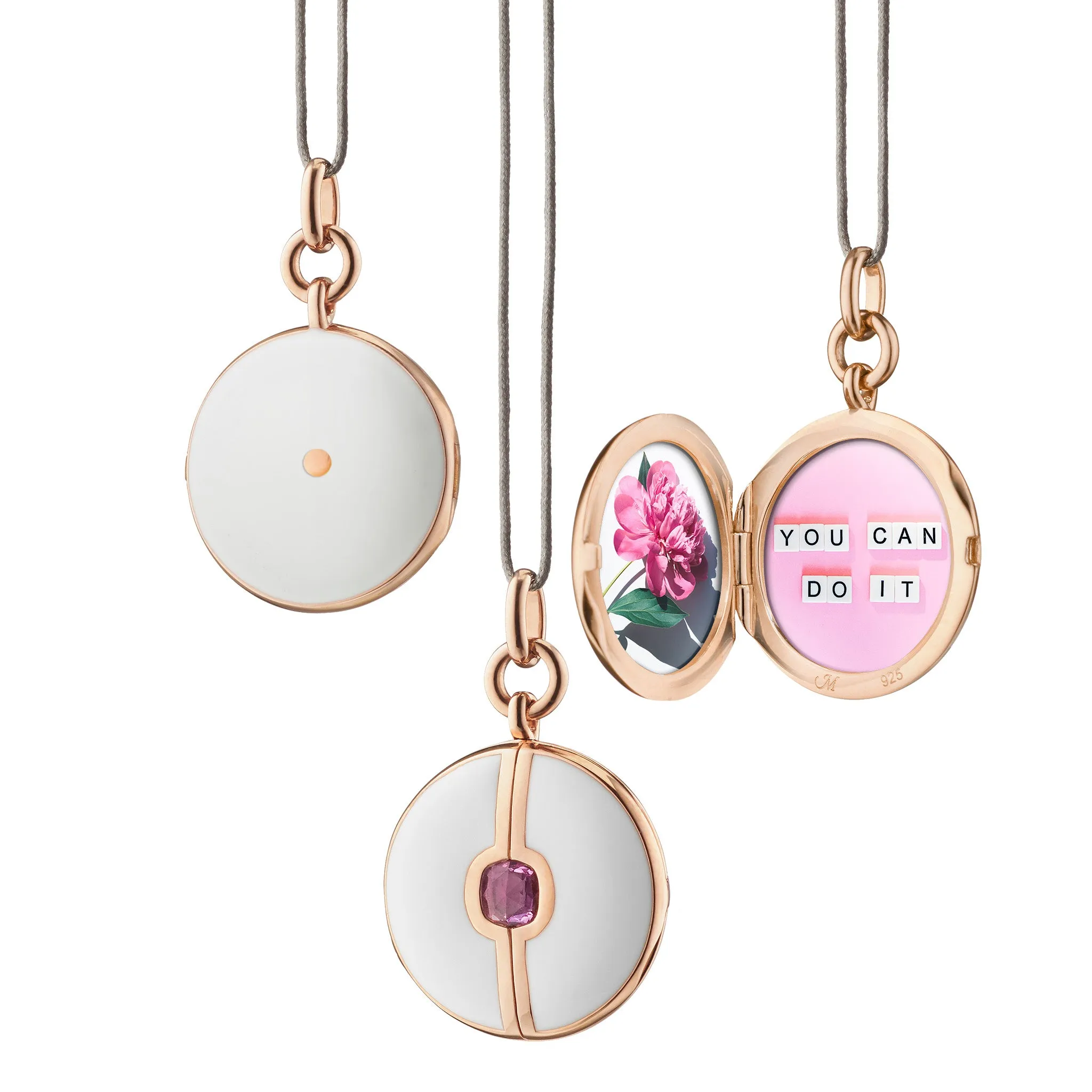 White Enamel and Vermeil Round Locket with Pink Sapphire