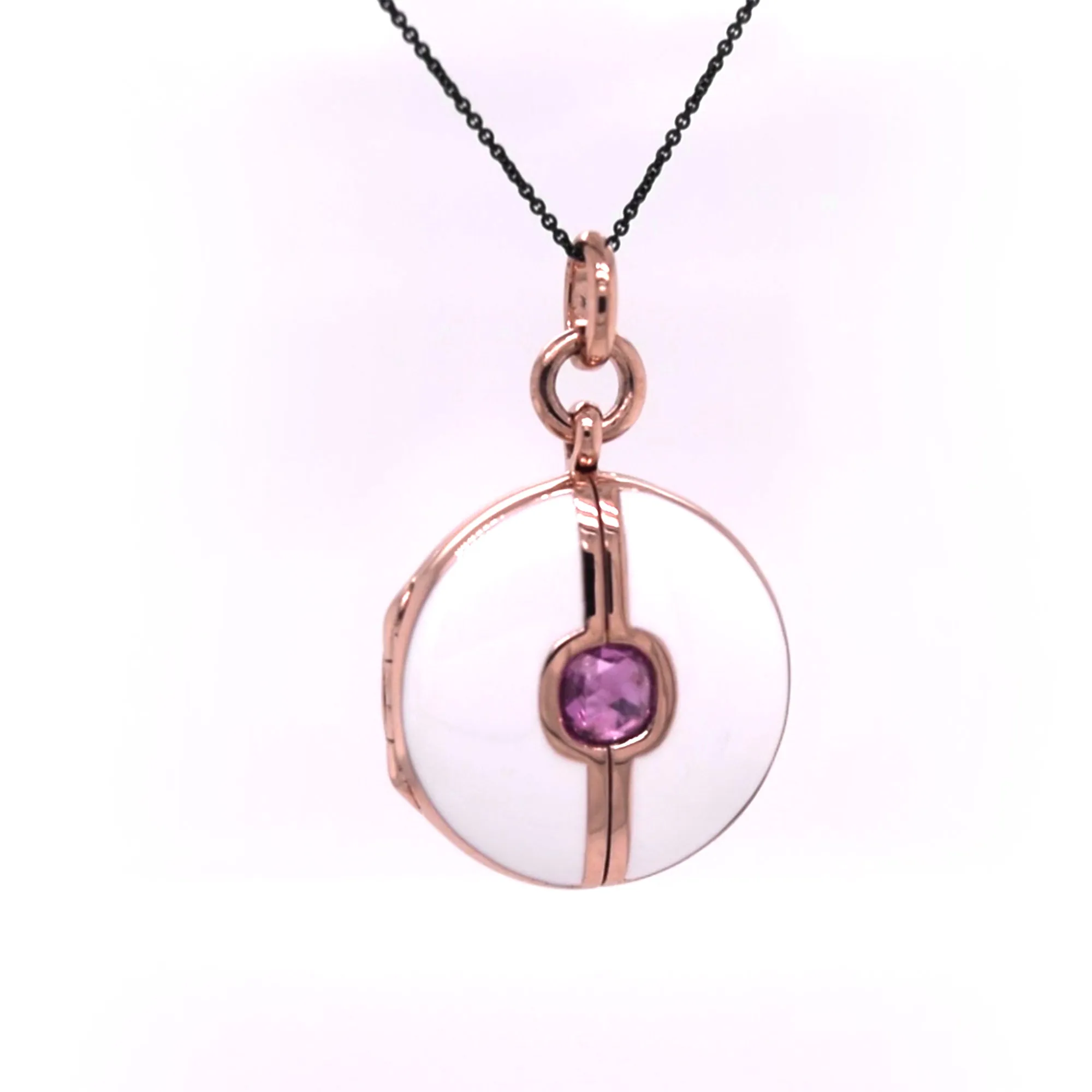 White Enamel and Vermeil Round Locket with Pink Sapphire